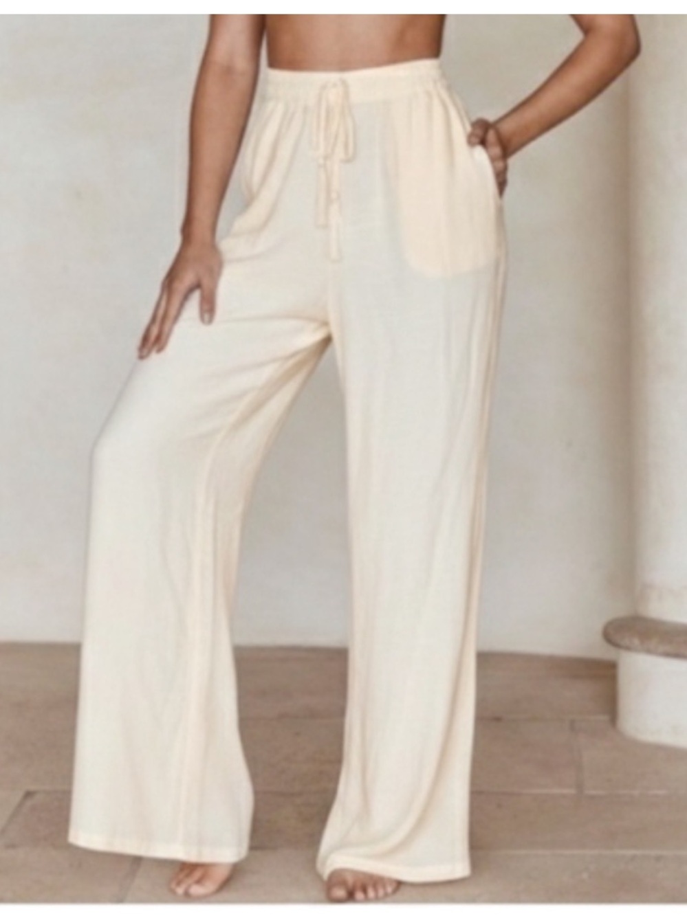 MONDAY SWIMWEAR Tahiti Pants Ivory Wide Leg Drawstring Waist size V 12-14 Beach